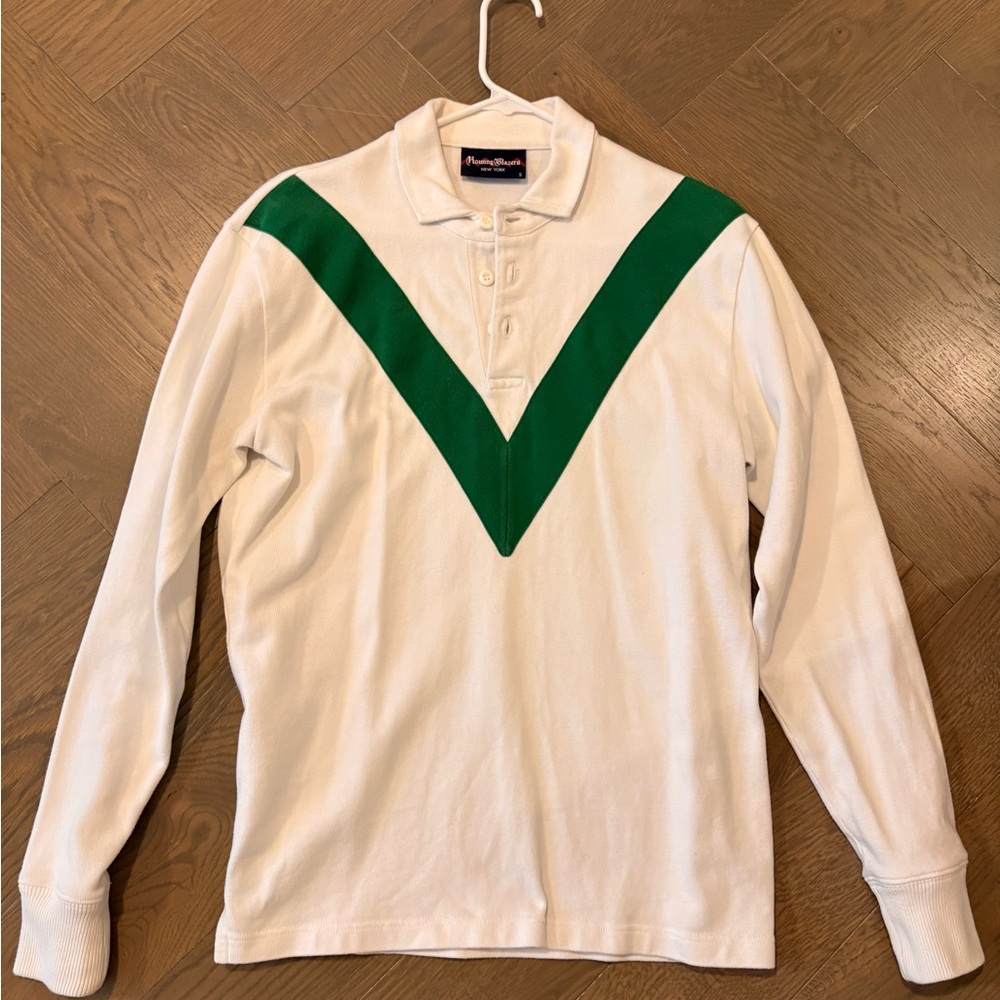 Rowing Blazers White Long Sleeve Rugby Polo with Green V Design